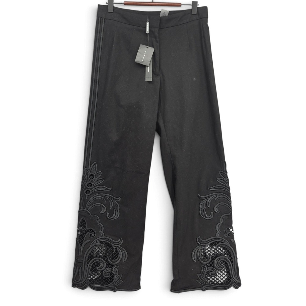 Elie Tahari Womens Size 4 Black Embroidered Cutout Wide Leg Pants NWT Stretch
